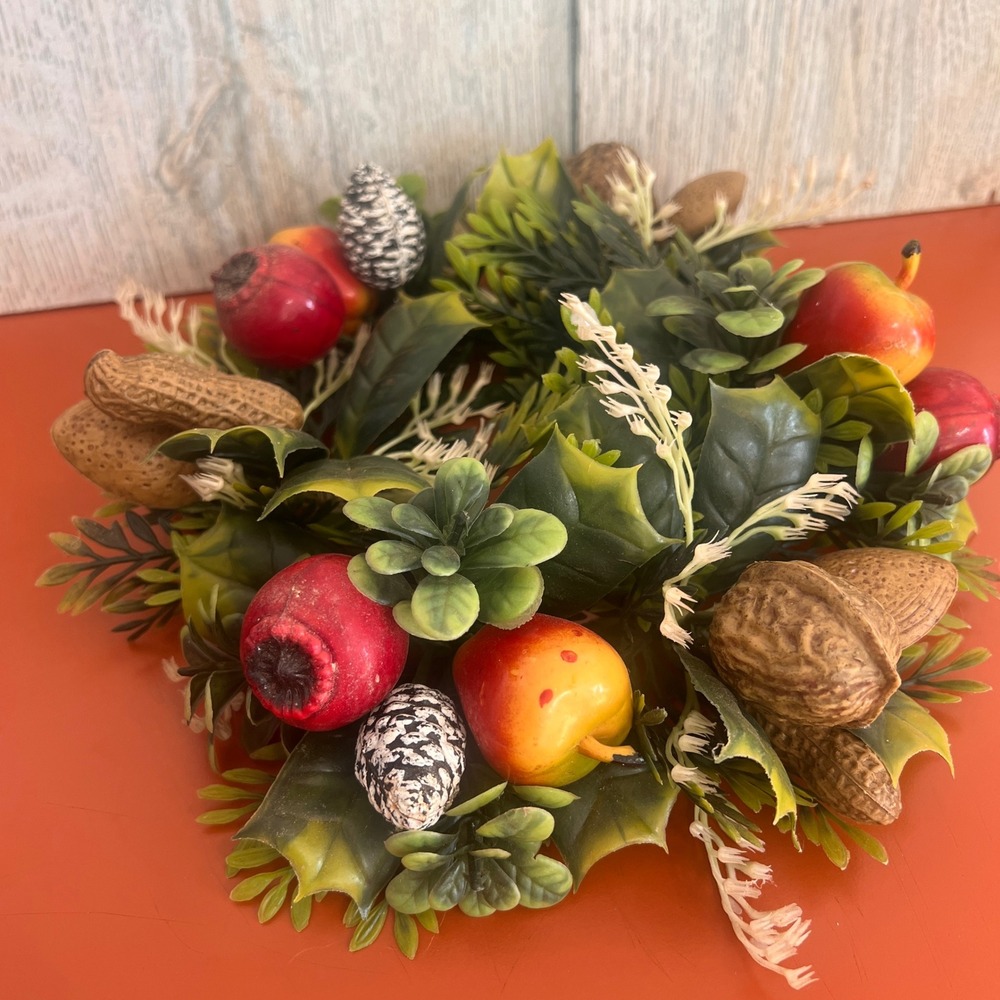 8" MCM Faux Fruit Nut Candle Ring Wreath Autumn Harvest Holiday Decor Green Red‎